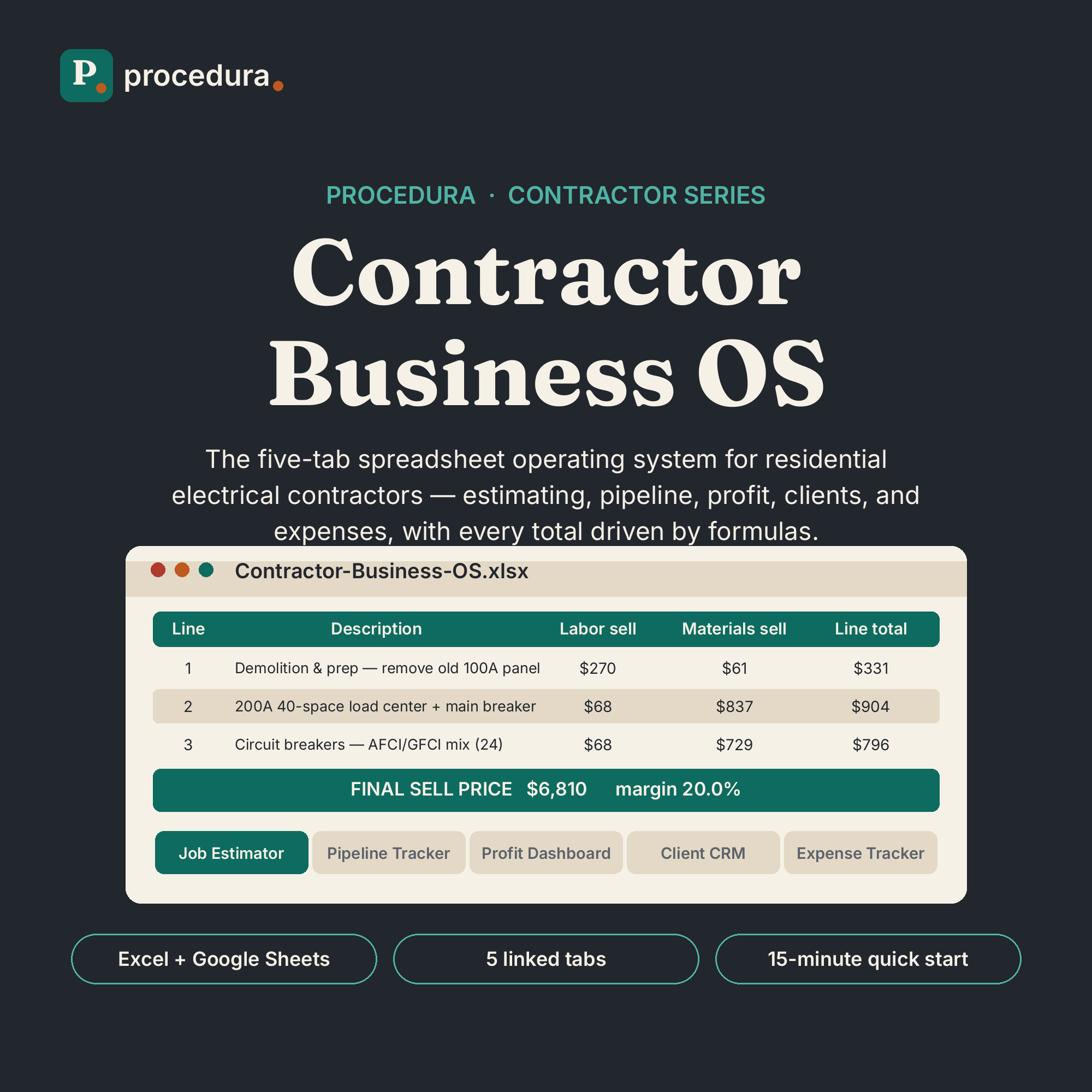 Contractor Business OS — five-tab spreadsheet operating system